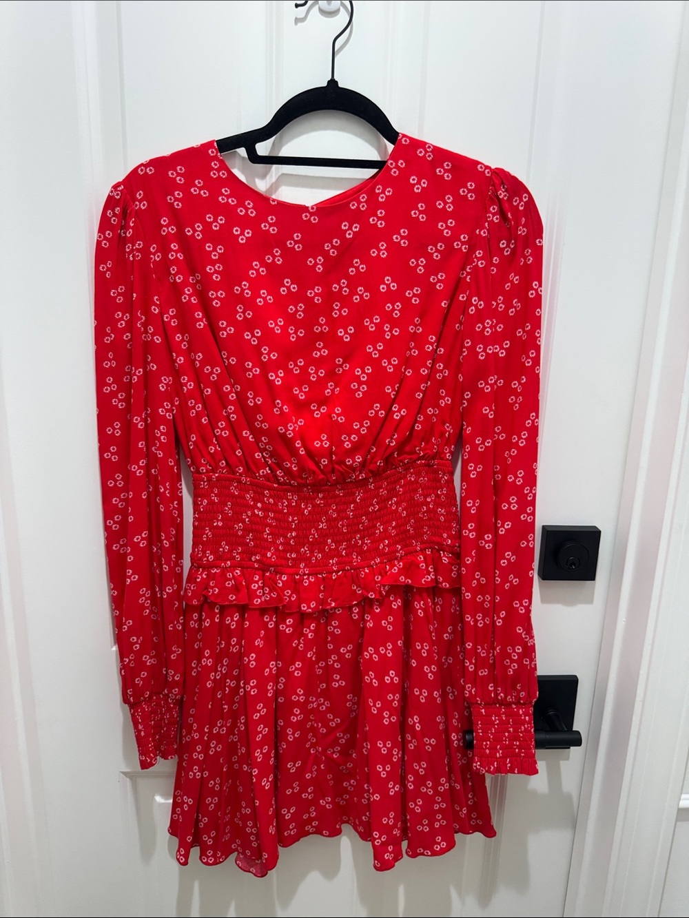 Red Floral Long-Sleeve Smock Waist Mini Dress